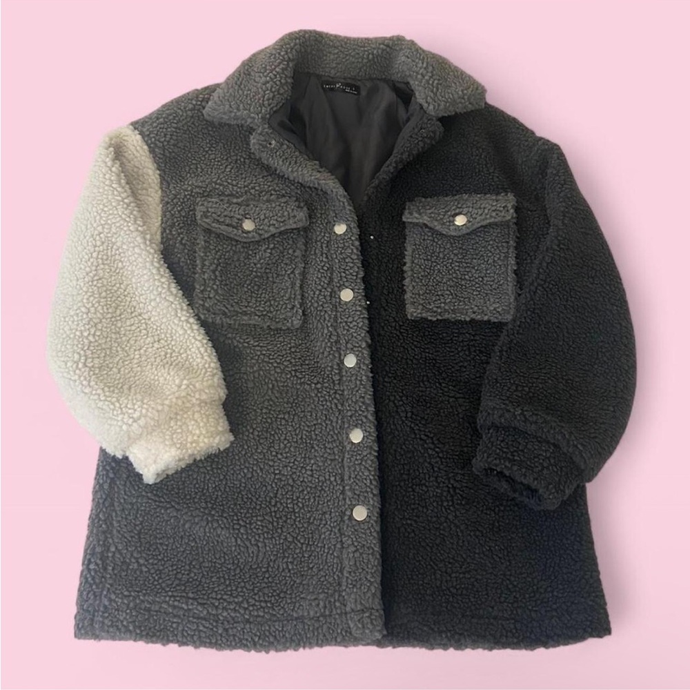 Cozy Color Block Teddy Jacket - charcoal, Gray, and Cream